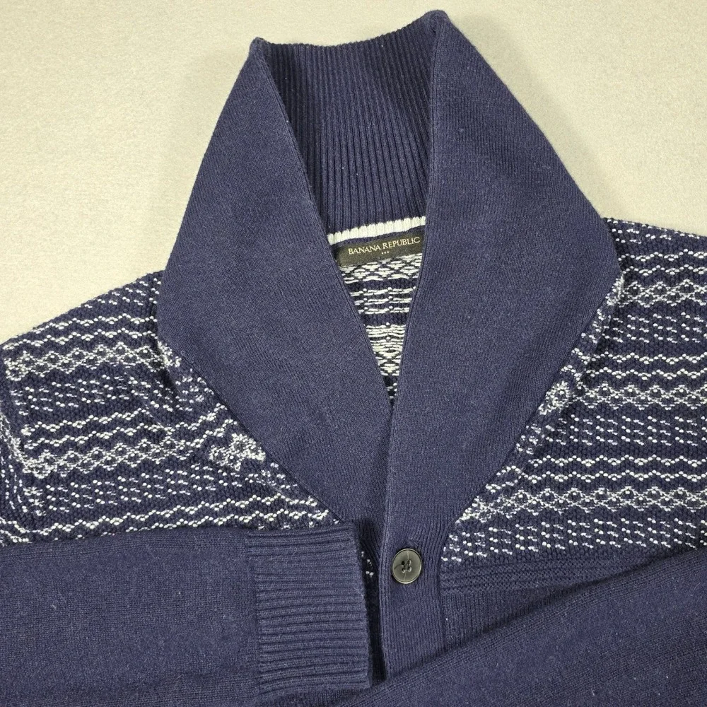 Banana Republic Mens XL Navy Blue Cardigan Sweater Shawl Collar Fair Isle Knit